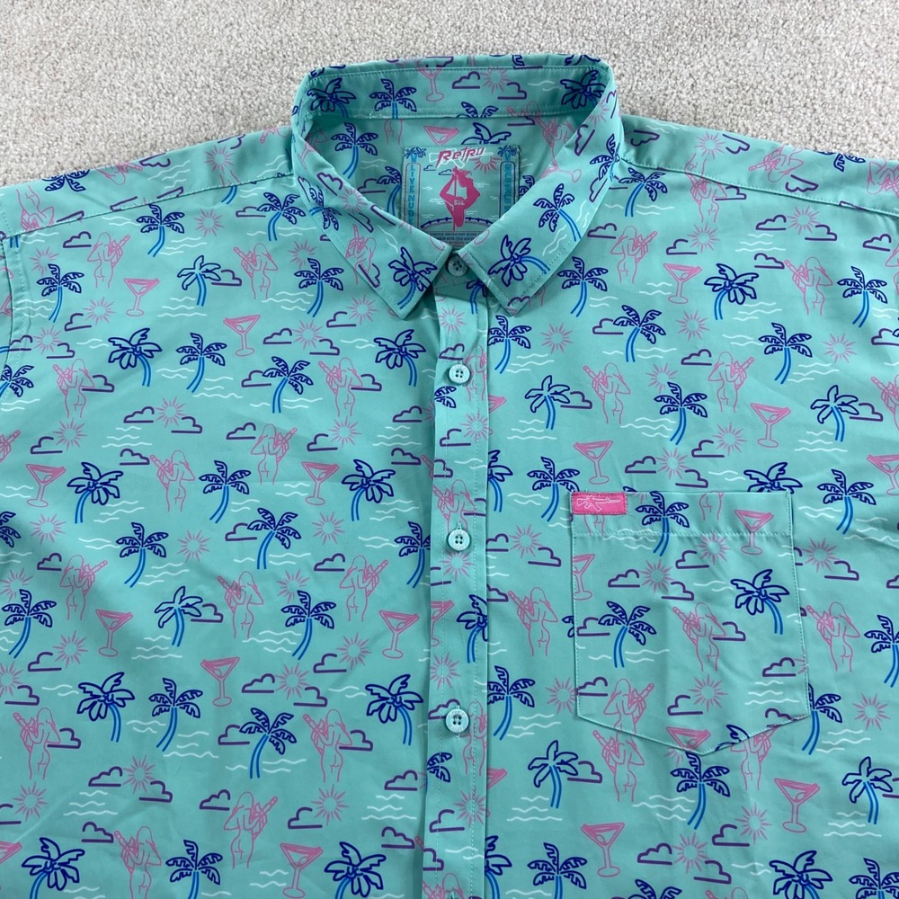Retro Rifle Shirt Mens 3XL Teal Pink Palm Tree Martini Pinup Short Sleeve Button